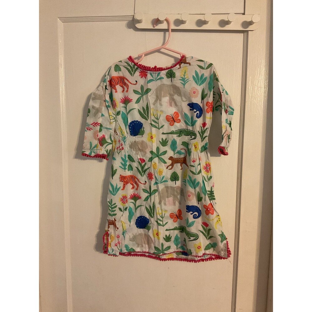 Mini Boden Tropical Safari Cotton Cover up with pink poms Size S 6-7